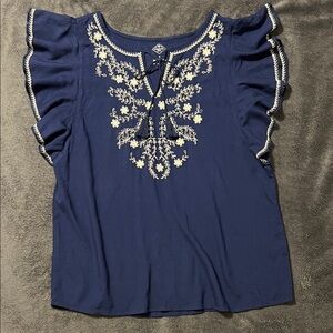 St John’s Bay dark blue blouse women’s small white embroidery ruffle sleeves